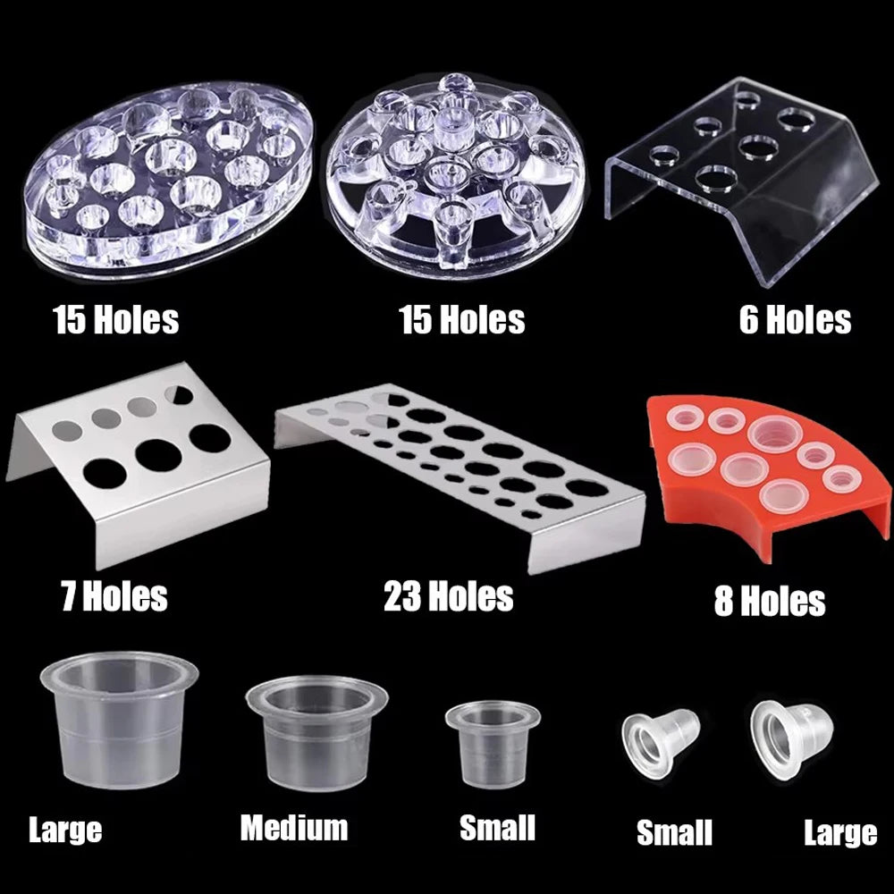 Soportes y Vasos de Tinta para Tatuaje — 7 Estilos | Pack de 100 Vasos
